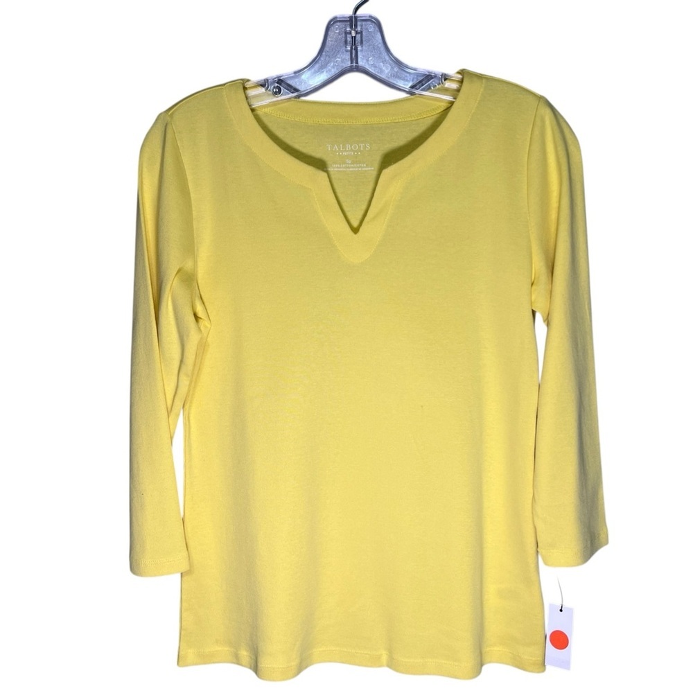Talbots Split Neck Cotton Tee Women’s Small Petite Yellow Quarter Sleeve Shirt